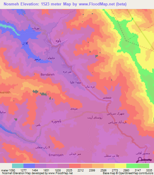 Nosmeh,Iran Elevation Map