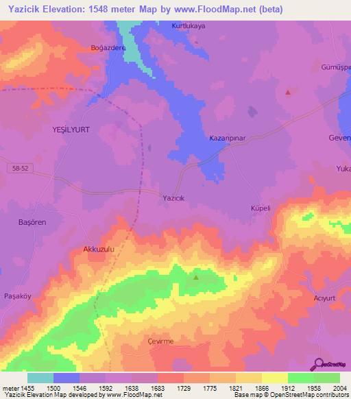 Yazicik,Turkey Elevation Map
