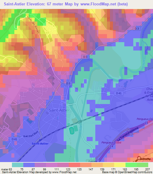 Saint-Astier,France Elevation Map