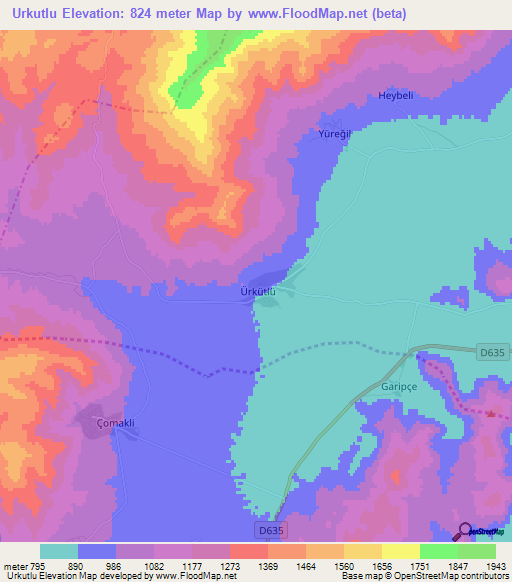 Urkutlu,Turkey Elevation Map