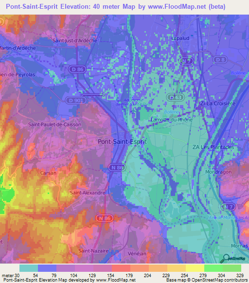 Elevation of PontSaintEsprit,France Elevation Map, Topography, Contour