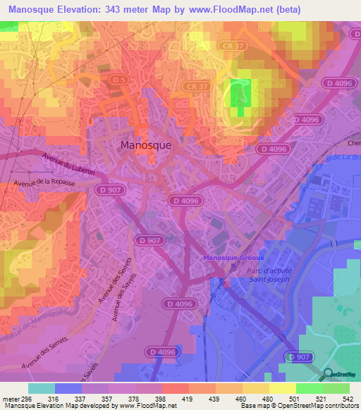 Manosque,France Elevation Map