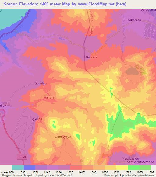 Sorgun,Turkey Elevation Map