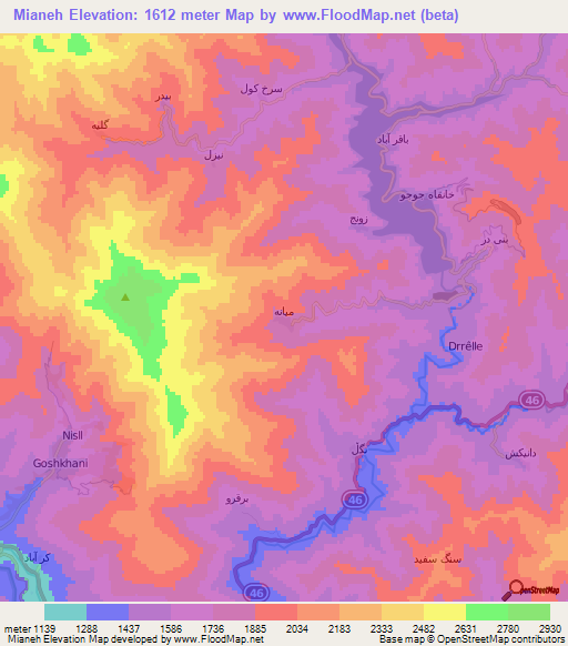Mianeh,Iran Elevation Map