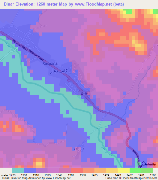 Dinar,Iran Elevation Map