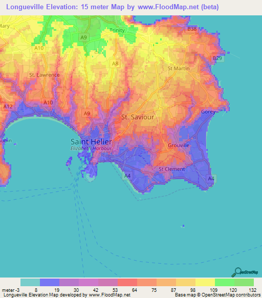 Longueville,Jersey Elevation Map