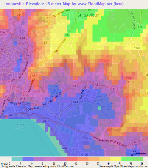 Longueville,Jersey Elevation Map
