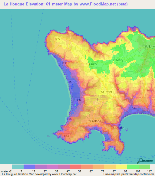 La Hougue,Jersey Elevation Map
