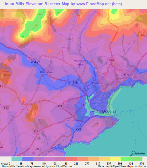Union Mills,Isle of Man Elevation Map