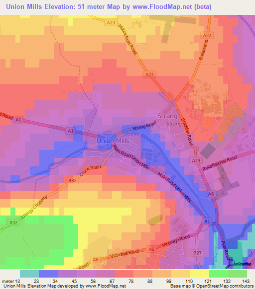 Union Mills,Isle of Man Elevation Map