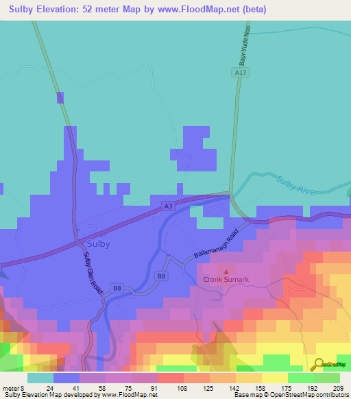 Sulby,Isle of Man Elevation Map