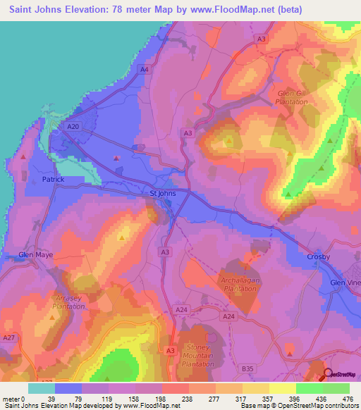 Saint Johns,Isle of Man Elevation Map