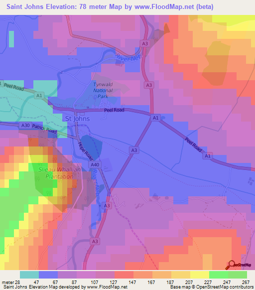 Saint Johns,Isle of Man Elevation Map