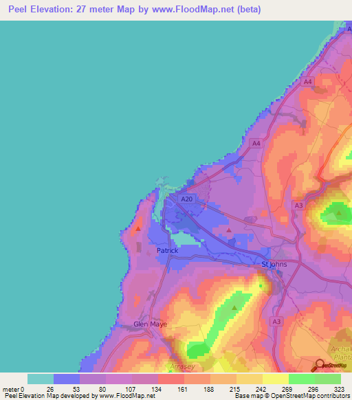 Peel,Isle of Man Elevation Map