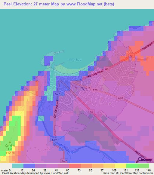Peel,Isle of Man Elevation Map
