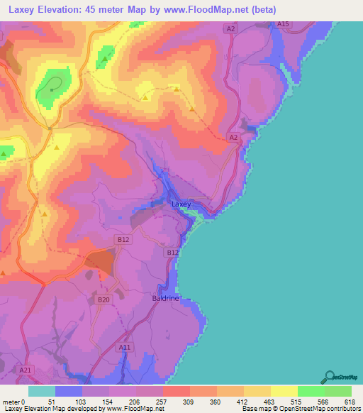 Laxey,Isle of Man Elevation Map