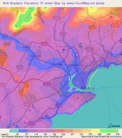 Kirk Braddon,Isle of Man Elevation Map