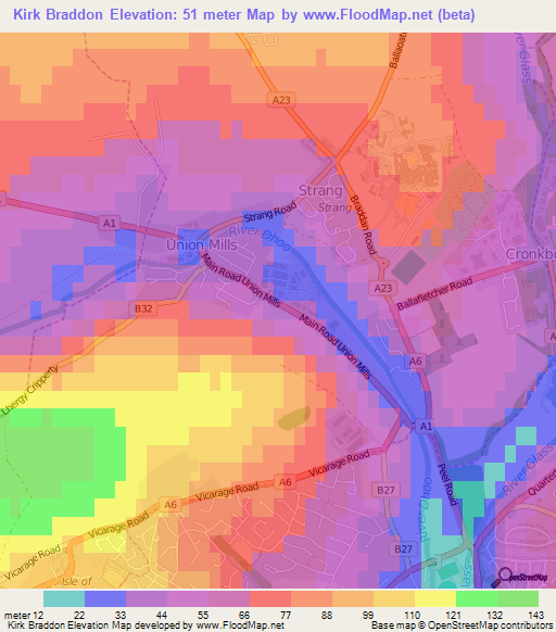 Kirk Braddon,Isle of Man Elevation Map