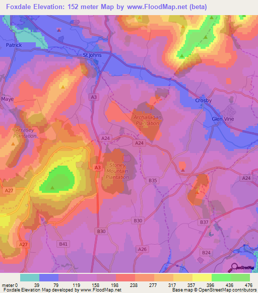 Foxdale,Isle of Man Elevation Map