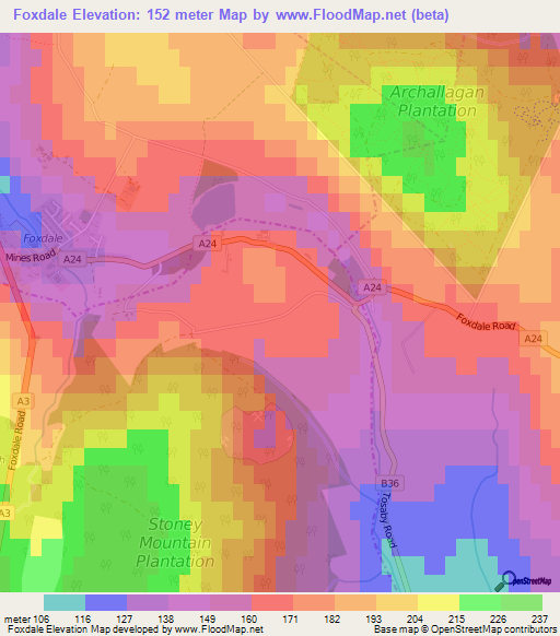 Foxdale,Isle of Man Elevation Map