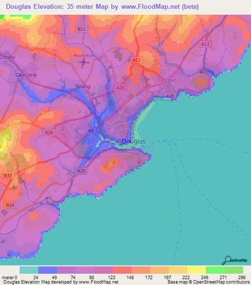Douglas,Isle of Man Elevation Map