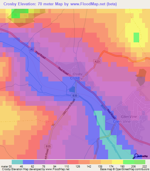 Crosby,Isle of Man Elevation Map