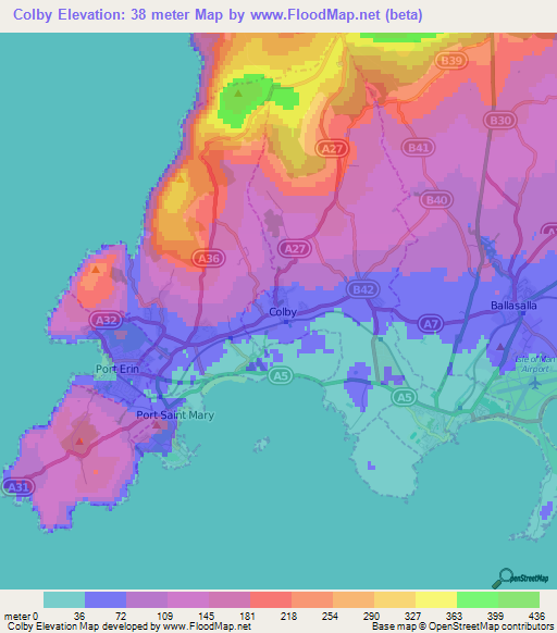 Colby,Isle of Man Elevation Map