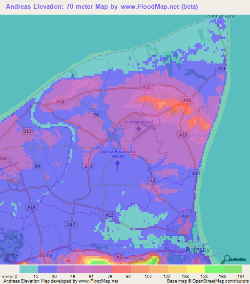 Andreas,Isle of Man Elevation Map