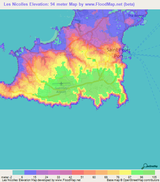 Les Nicolles,Guernsey Elevation Map