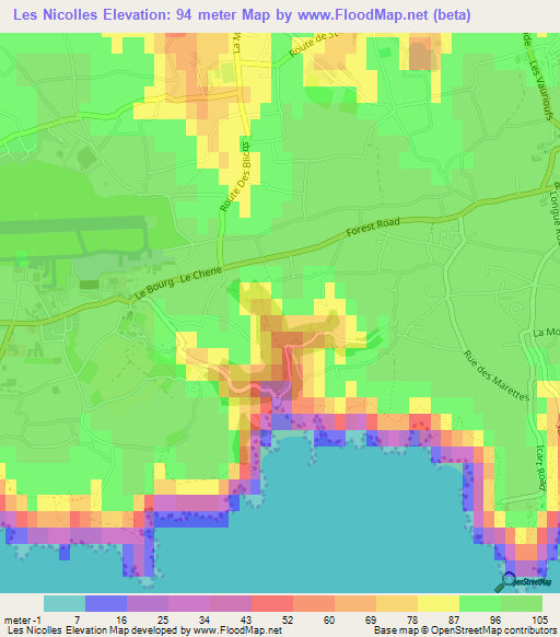 Les Nicolles,Guernsey Elevation Map