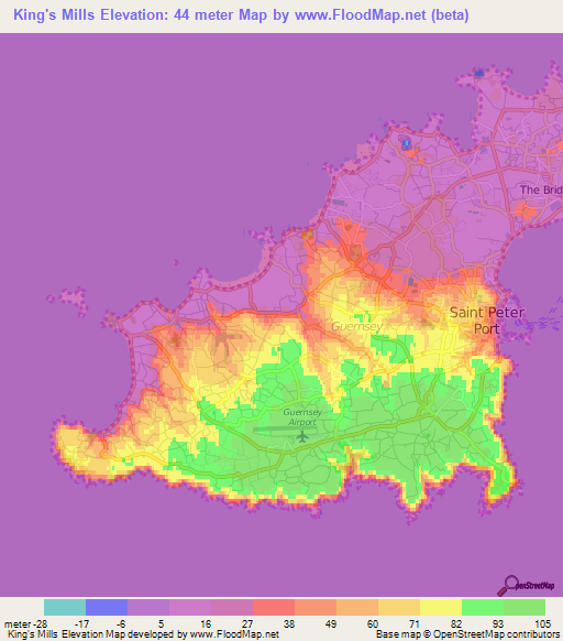 King's Mills,Guernsey Elevation Map