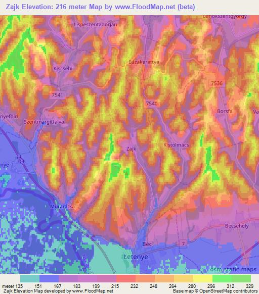 Zajk,Hungary Elevation Map