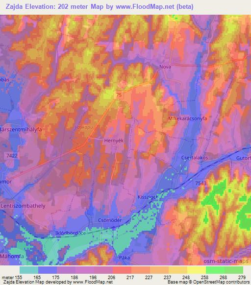 Zajda,Hungary Elevation Map
