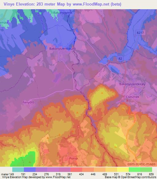 Vinye,Hungary Elevation Map