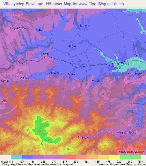 Villanytelep,Hungary Elevation Map