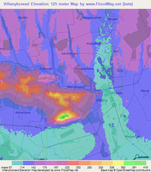 Villanykovesd,Hungary Elevation Map