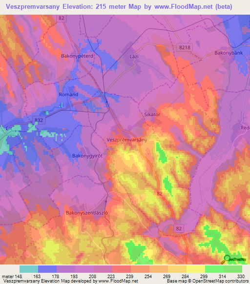 Veszpremvarsany,Hungary Elevation Map