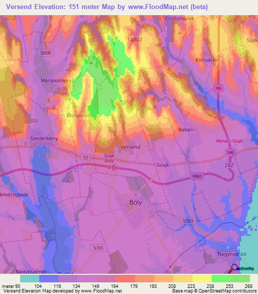 Versend,Hungary Elevation Map