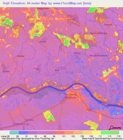 Vejti,Hungary Elevation Map
