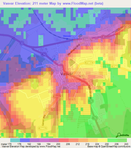 Vasvar,Hungary Elevation Map