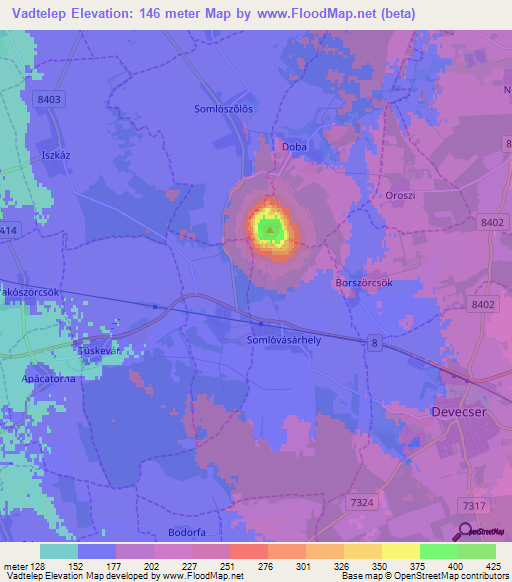 Vadtelep,Hungary Elevation Map