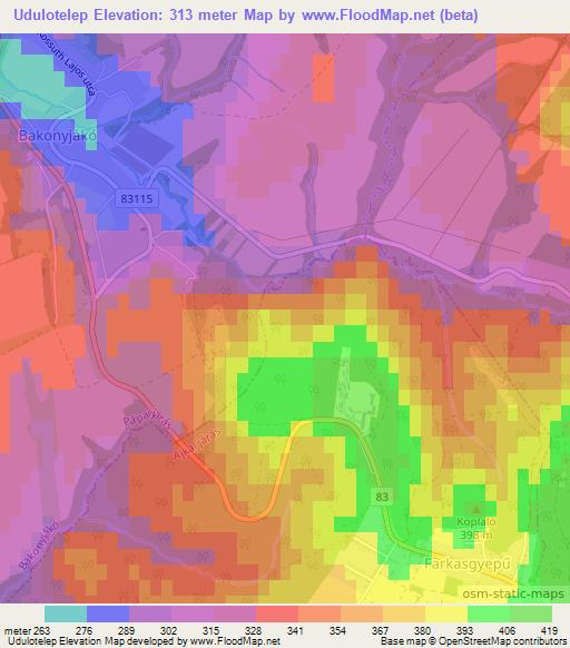 Udulotelep,Hungary Elevation Map