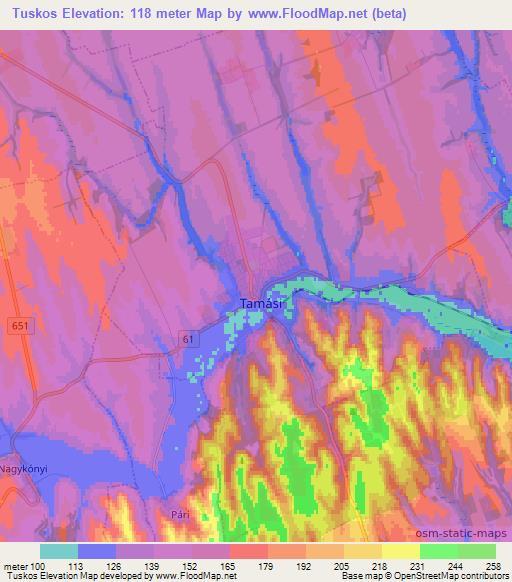 Tuskos,Hungary Elevation Map