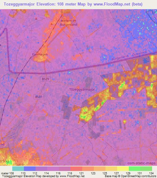 Tozeggyarmajor,Hungary Elevation Map