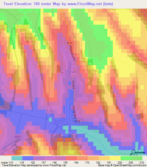 Tevel,Hungary Elevation Map