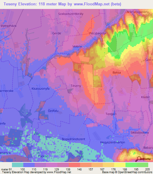 Teseny,Hungary Elevation Map