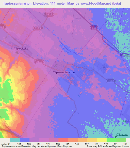 Tapioszentmarton,Hungary Elevation Map