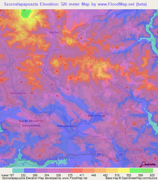Szoroslapapuszta,Hungary Elevation Map