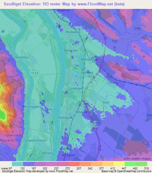 Szodliget,Hungary Elevation Map