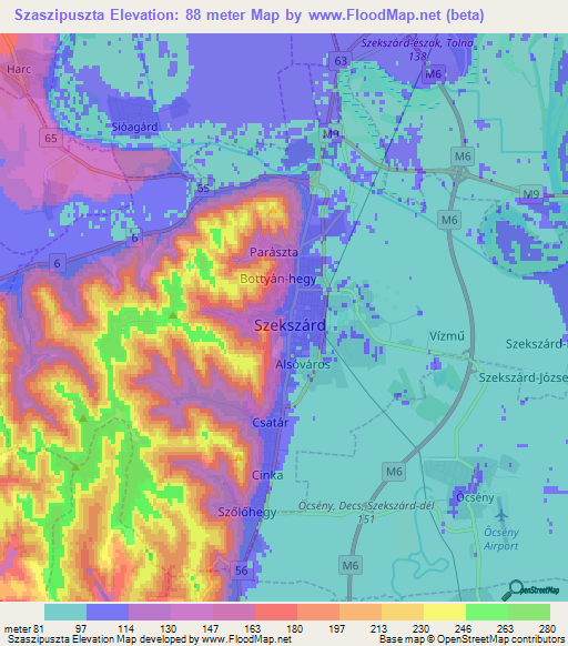 Szaszipuszta,Hungary Elevation Map